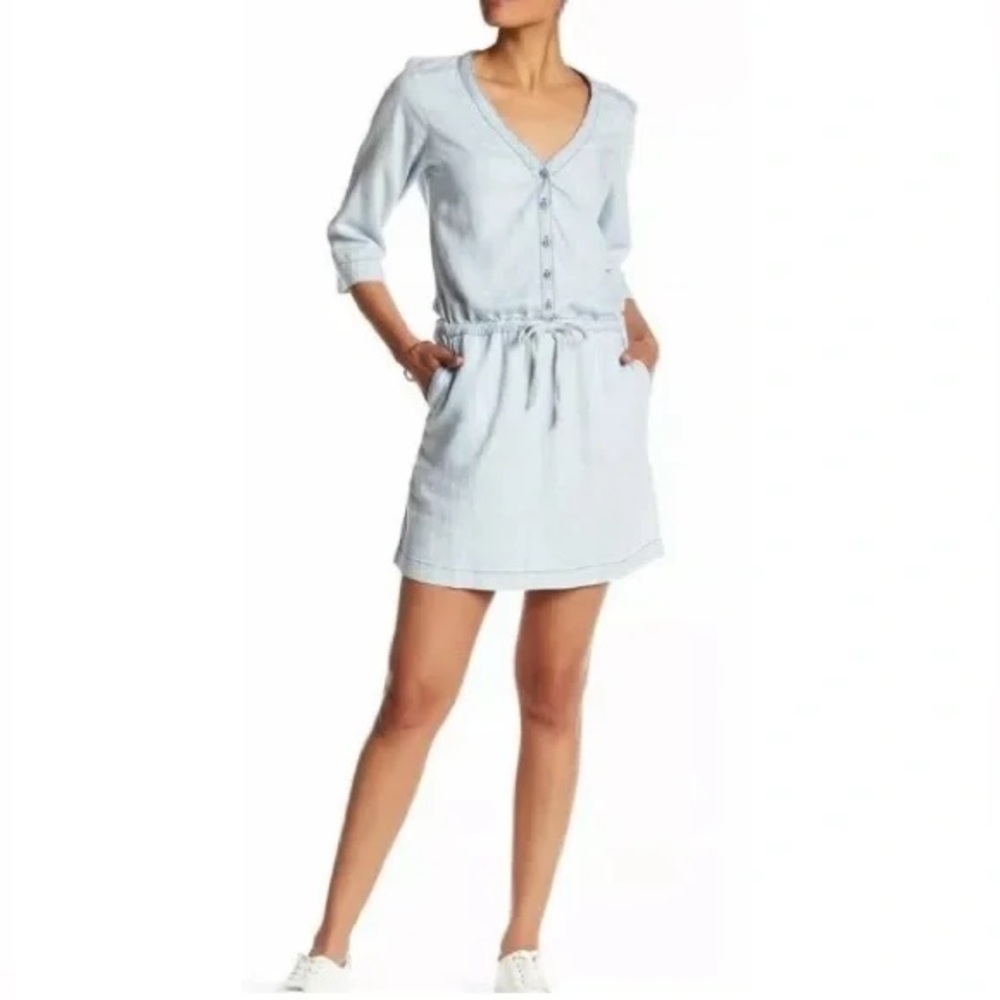Michael Stars Blue Chambray Dress Button Down Tie Waist Tencel Linen Pockets M
